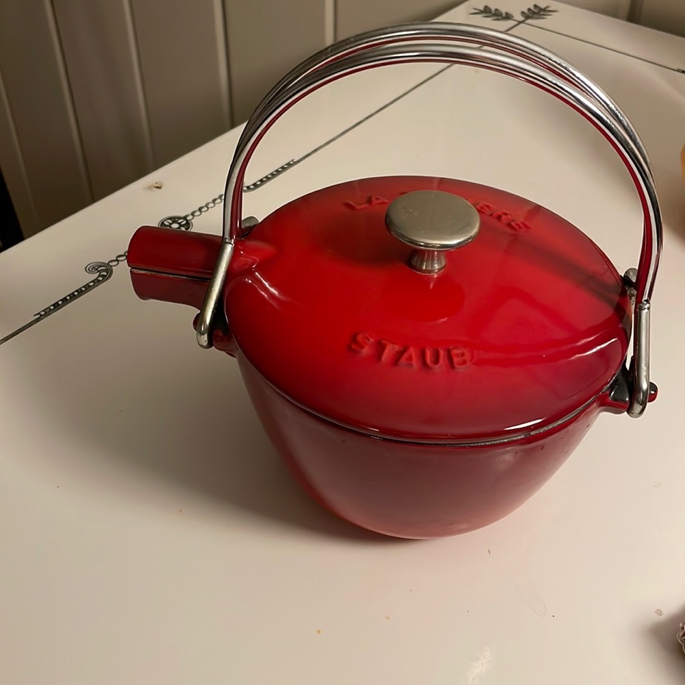 Cherry red Staub enamel coated cast iron tea kettle